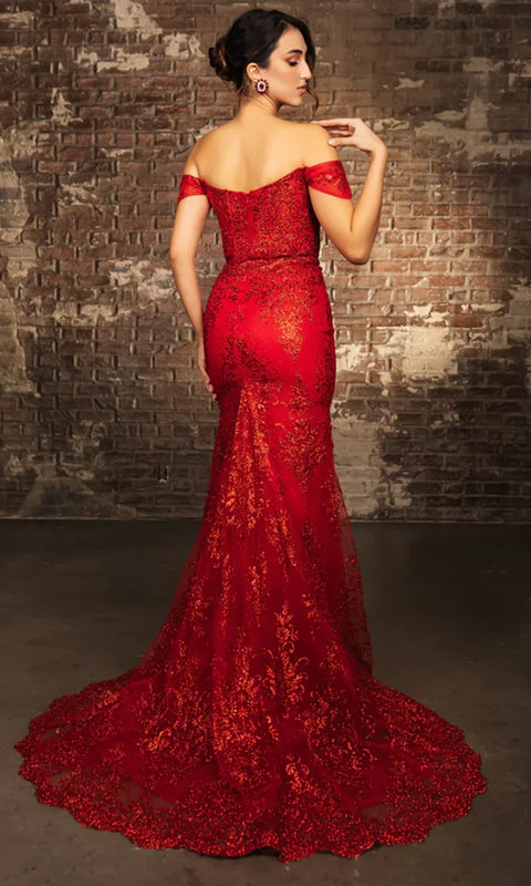 May Queen MQ2158 - Off Shoulder High Slit Evening Gown