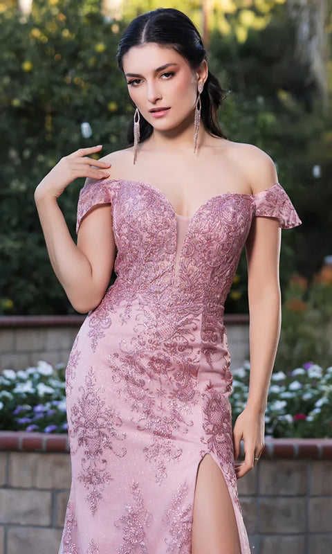 May Queen MQ2158 - Off Shoulder High Slit Evening Gown