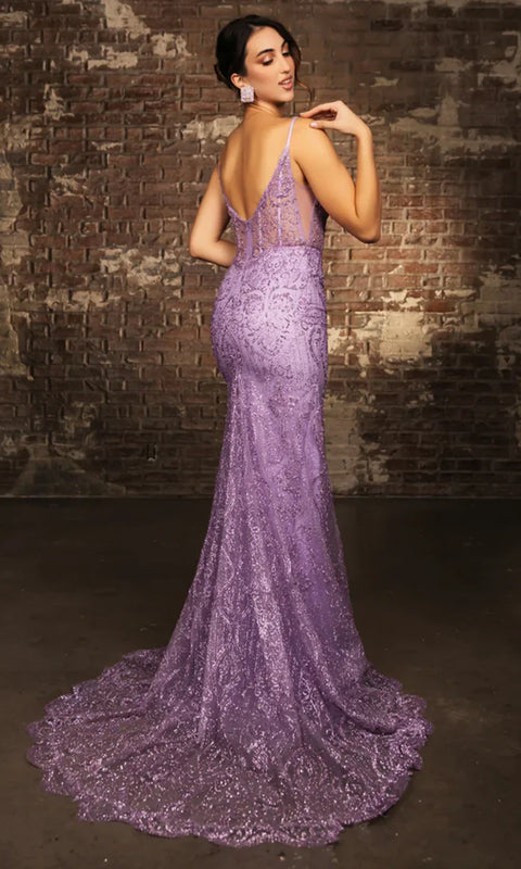 May Queen MQ2166 - V-Neckline Illusion Corset Evening Gown