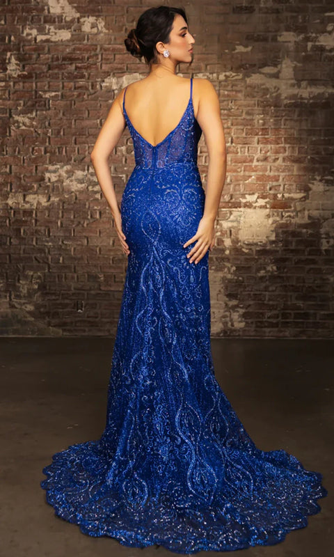 May Queen MQ2166 - V-Neckline Illusion Corset Evening Gown