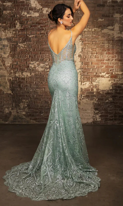 May Queen MQ2166 - V-Neckline Illusion Corset Evening Gown