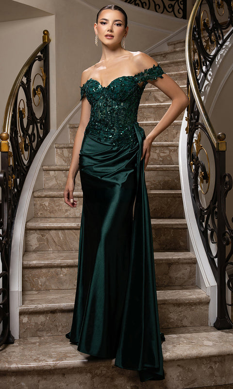 May Queen MQ2177 - Off Shoulder Draped Sheath Gown