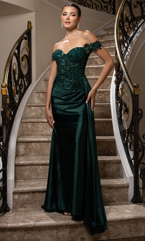 May Queen MQ2177 - Off Shoulder Draped Sheath Gown
