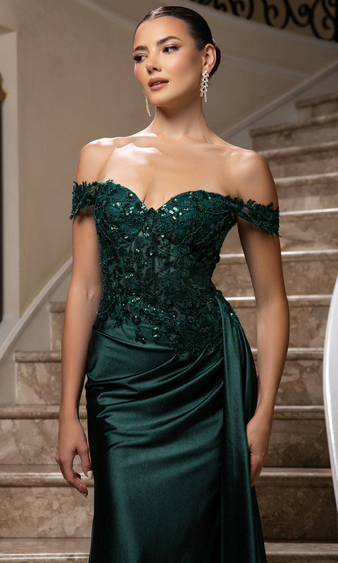 May Queen MQ2177 - Off Shoulder Draped Sheath Gown