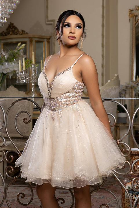May Queen MQ2192 - Sleeveless Lace Appliqued Mini Dress
