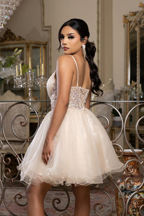 May Queen MQ2192 - Sleeveless Lace Appliqued Mini Dress