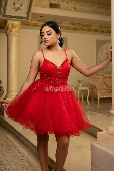 May Queen MQ2192 - Sleeveless Lace Appliqued Mini Dress