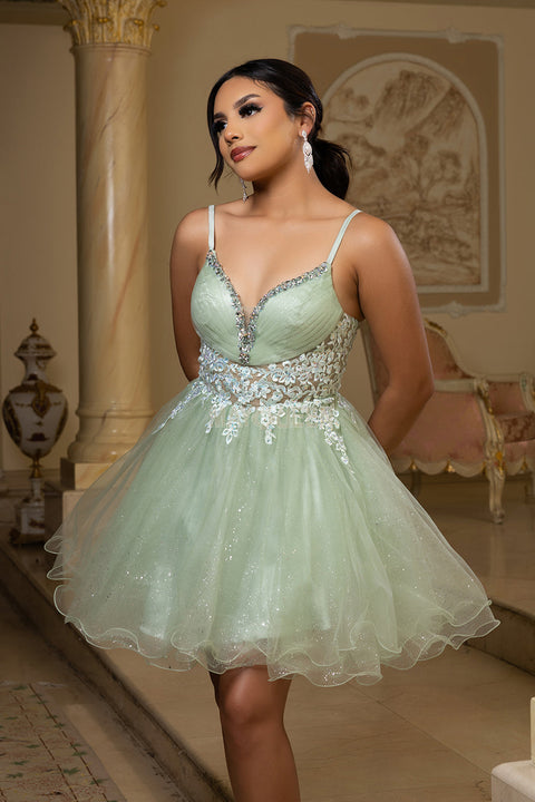 May Queen MQ2192 - Sleeveless Lace Appliqued Mini Dress