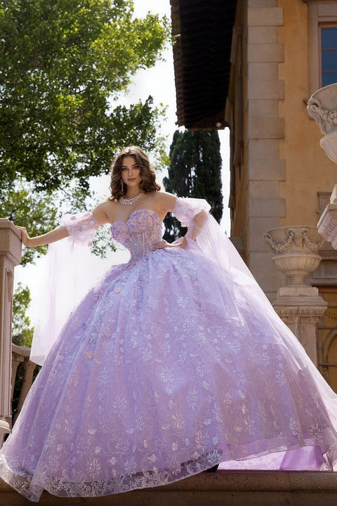 Bella Princess PQ1084 3d floral cape sleeve ball gown by petite adele pq1084 — image 8.0
