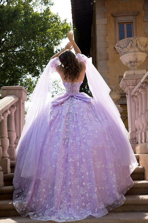 Bella Princess PQ1084 3d floral cape sleeve ball gown by petite adele pq1084 — image 6.0