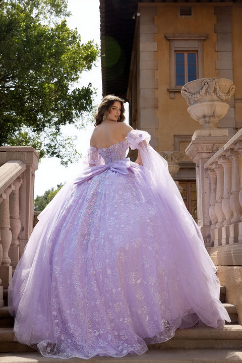 Bella Princess PQ1084 3d floral cape sleeve ball gown by petite adele pq1084 — image 2.0