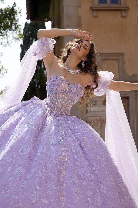 Bella Princess PQ1084 3d floral cape sleeve ball gown by petite adele pq1084 — image 7.0