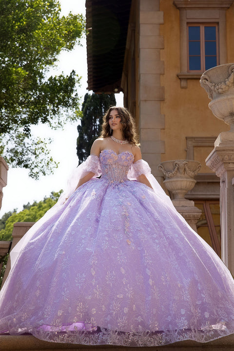 Bella Princess PQ1084 3d floral cape sleeve ball gown by petite adele pq1084 — image 1.0