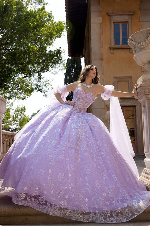 Bella Princess PQ1084 3d floral cape sleeve ball gown by petite adele pq1084 — image 5.0