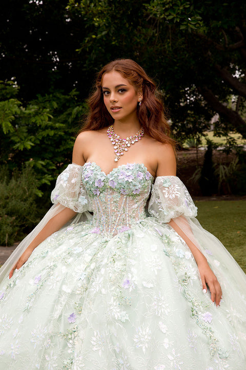 Bella Princess PQ1084 3d floral cape sleeve ball gown by petite adele pq1084 — image 11.0