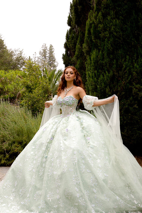 Bella Princess PQ1084 3d floral cape sleeve ball gown by petite adele pq1084 — image 13.0