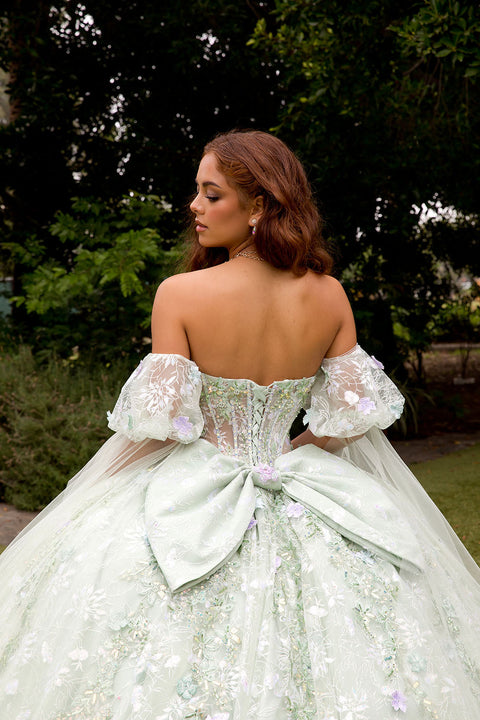Bella Princess PQ1084 3d floral cape sleeve ball gown by petite adele pq1084 — image 12.0