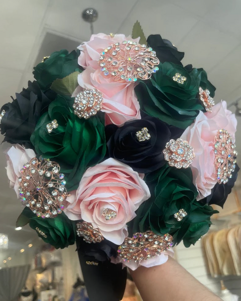 Quinceañera Bouquet in Emerald Green Blush Pink Black