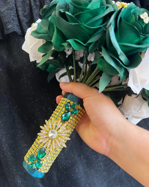 Quinceañera Bouquet in Emerald Green and Ivory Bejeweled
