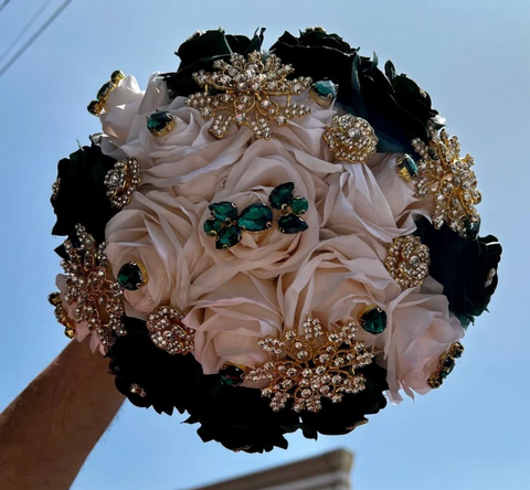 Quinceañera Bouquet in Emerald Green and Ivory Bejeweled