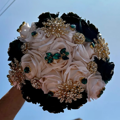 Quinceañera Bouquet in Emerald Green and Ivory Bejeweled