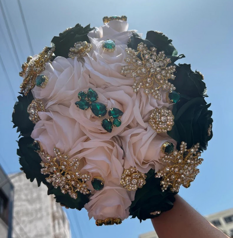 Quinceañera Bouquet in Emerald Green and Ivory Bejeweled