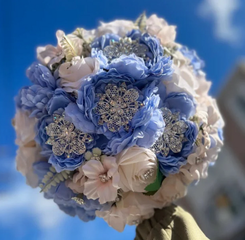 Quinceañera Bouquet in Garden Bahama Blue and Ivory