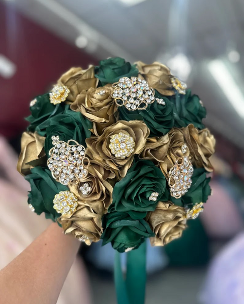 Quinceañera Emerald Green and Gold Bouquet