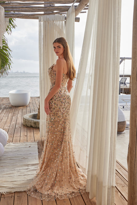 Nox Anabel R1686 Floral Beaded Tulle Gown with Slit