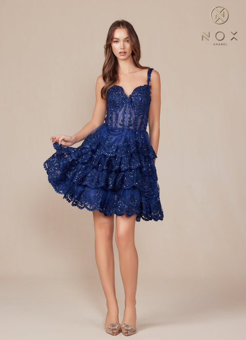 Tiered A-line Short Dress with Appliqué Detailing by Nox Anabel R880