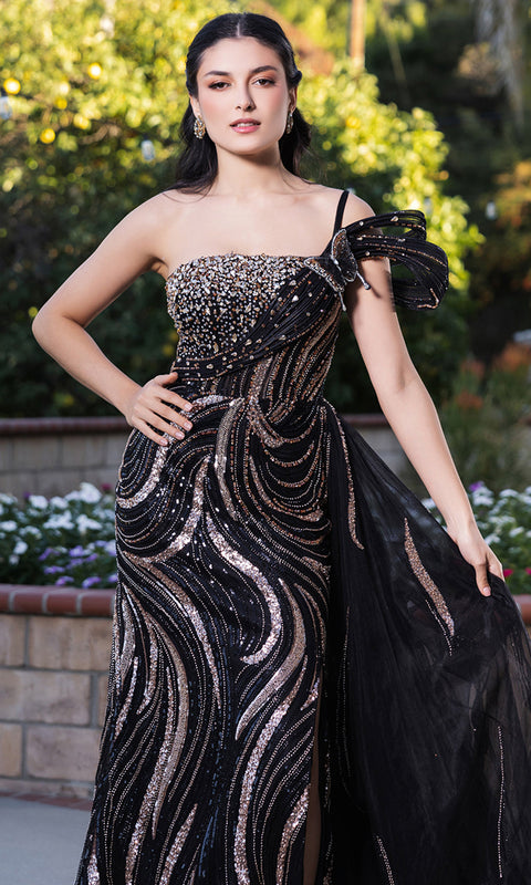 May Queen RQ8192 - Asymmetrical Evening Gown with Side Overskirt