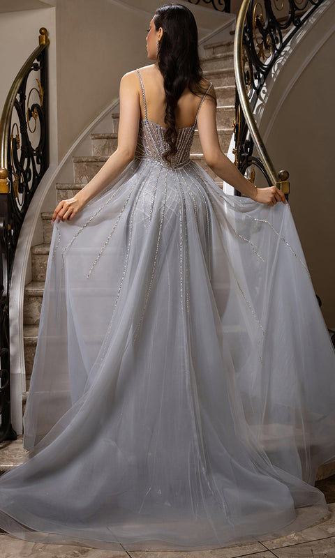 May Queen RQ8208 - Detachable Overskirt Plunging V-Neckline Gown
