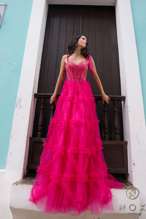 Nox Anabel Sleeveless Corset Gown with Beading and Ruffles T1340