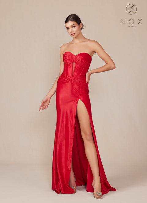 Nox Anabel T1489 Chic Satin Strapless Fitted Gown with Slit
