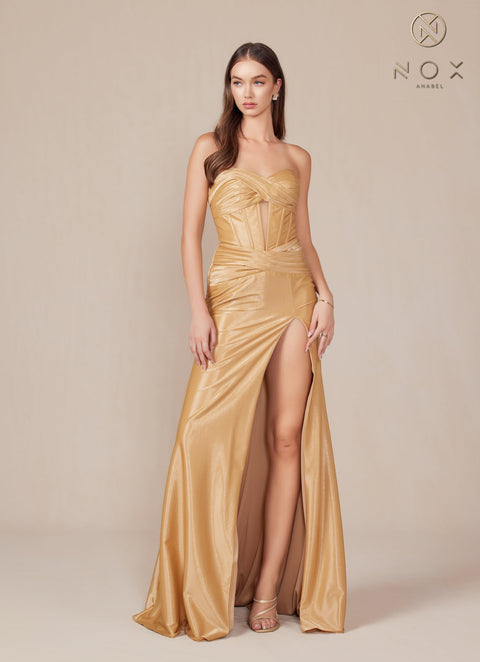 Nox Anabel T1489 Chic Satin Strapless Fitted Gown with Slit