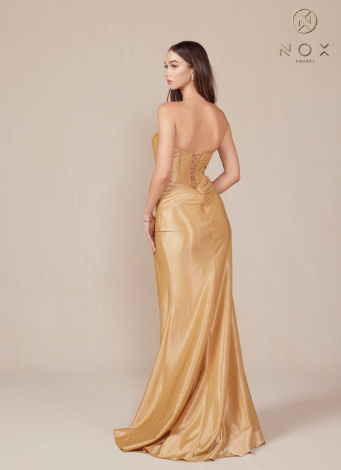Nox Anabel T1489 Chic Satin Strapless Fitted Gown with Slit