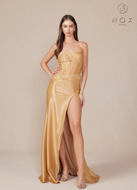 Nox Anabel T1489 Chic Satin Strapless Fitted Gown with Slit