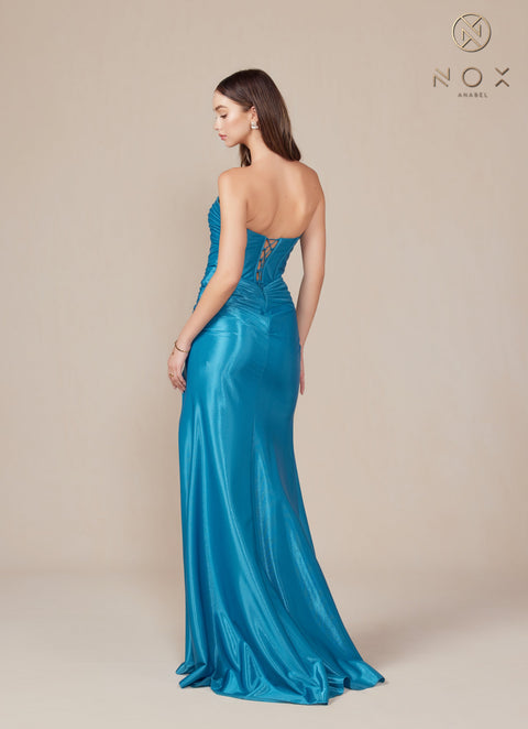 Nox Anabel T1489 Chic Satin Strapless Fitted Gown with Slit