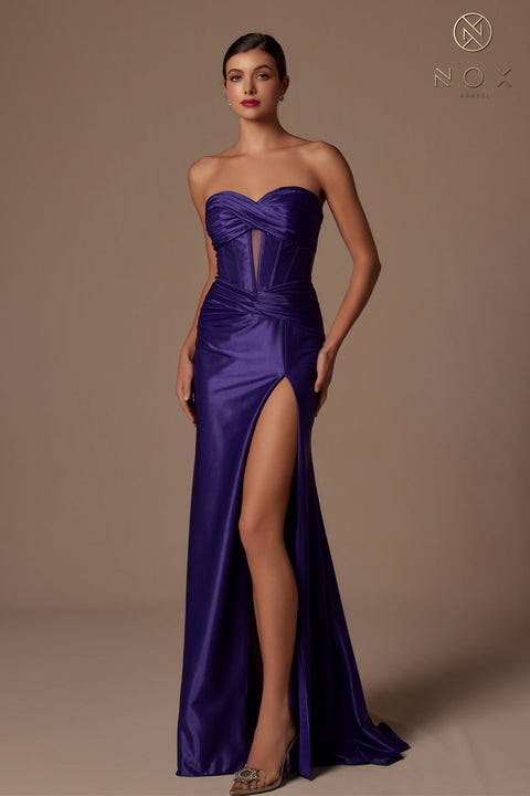 Nox Anabel T1489 Chic Satin Strapless Fitted Gown with Slit