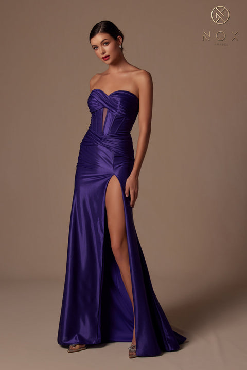 Nox Anabel T1489 Chic Satin Strapless Fitted Gown with Slit