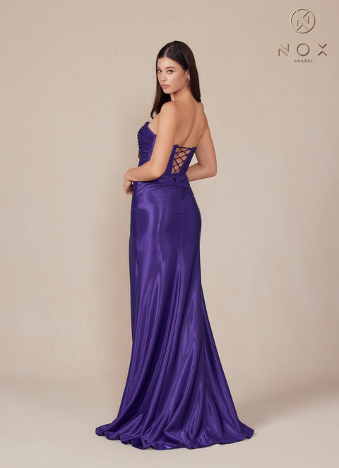 Nox Anabel T1489 Chic Satin Strapless Fitted Gown with Slit