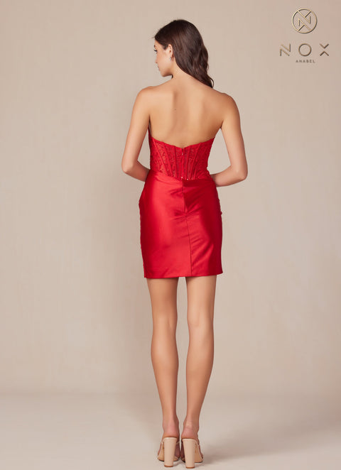 Strapless Short Dress with Appliqué Details and a Slit by Nox Anabel T870