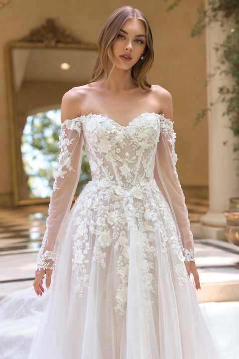 Ladivine WL067 3D Floral Long-Sleeve Bridal Gown with Elegant Silhouette