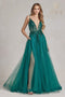 Nox Anabel Appliqué Glitter Tulle Gown with Slit C1113