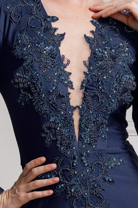 Amelia Couture 382 Elegant Lycra Gown with Appliqué and Long Sleeves