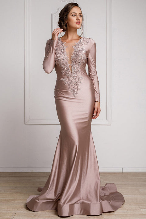 Amelia Couture 382 Elegant Lycra Gown with Appliqué and Long Sleeves