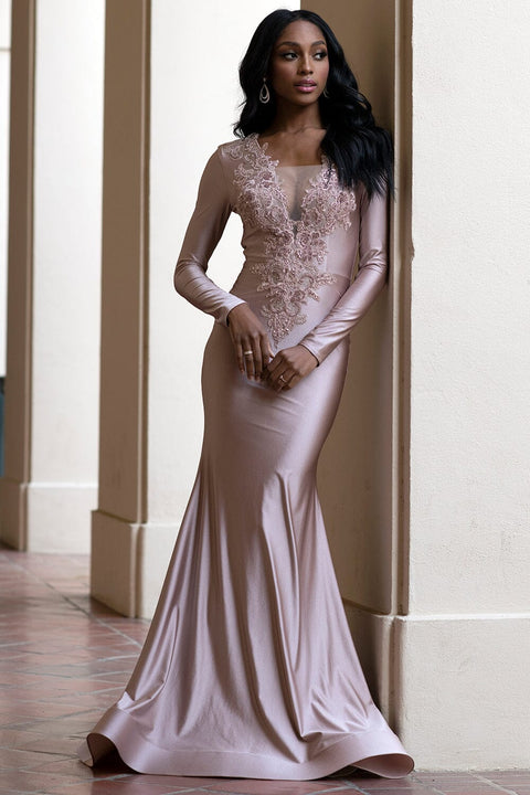 Amelia Couture 382 Elegant Lycra Gown with Appliqué and Long Sleeves