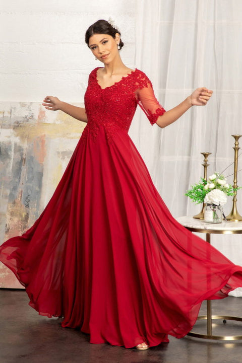 Elizabeth K GL1982 Mid-Sleeve Chiffon Gown with Appliquéd