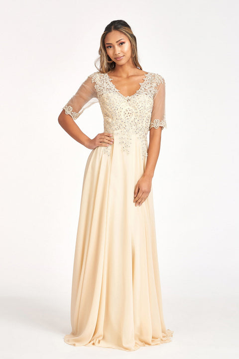 Elizabeth K GL1982 Mid-Sleeve Chiffon Gown with Appliquéd