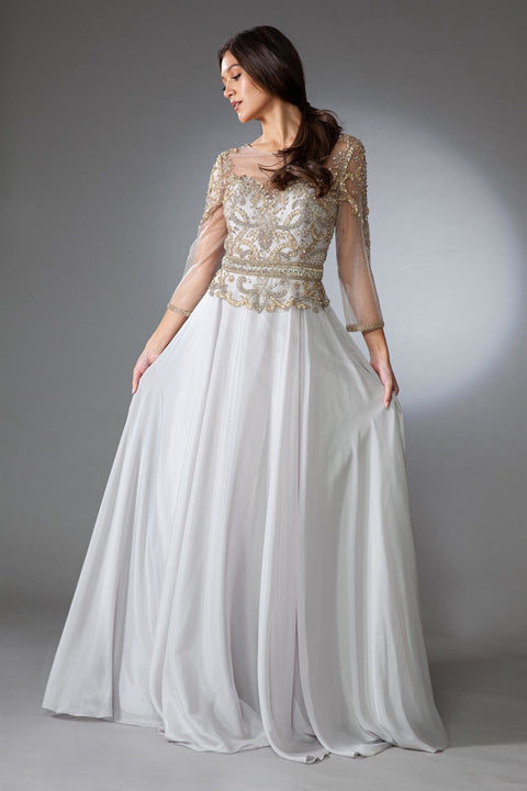 Amelia Couture 7041 Beaded Velvet Chiffon Gown with 3/4 Sleeves